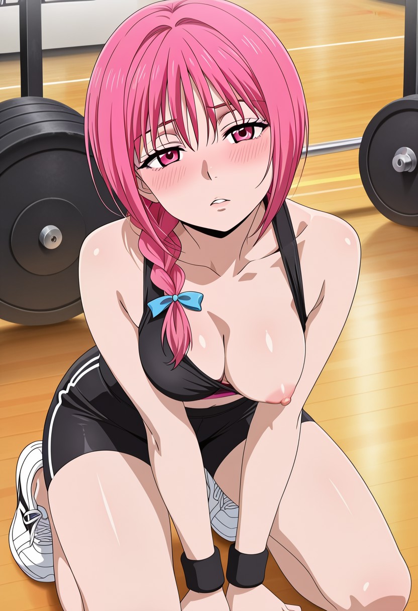 ai generated, cha-che, black sports bra, black sports shorts, blush, nipples