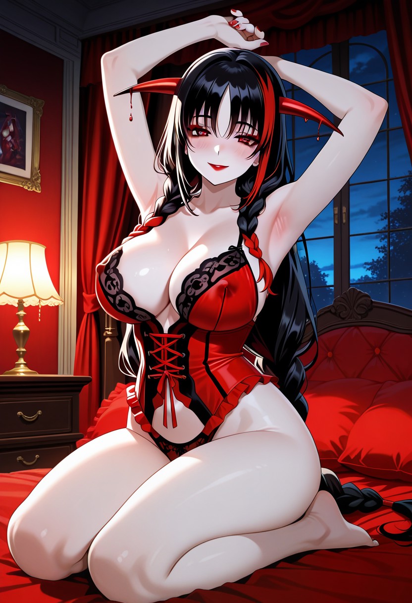 ai generated, bloodless, black hair, braid, large breasts, vampire girl