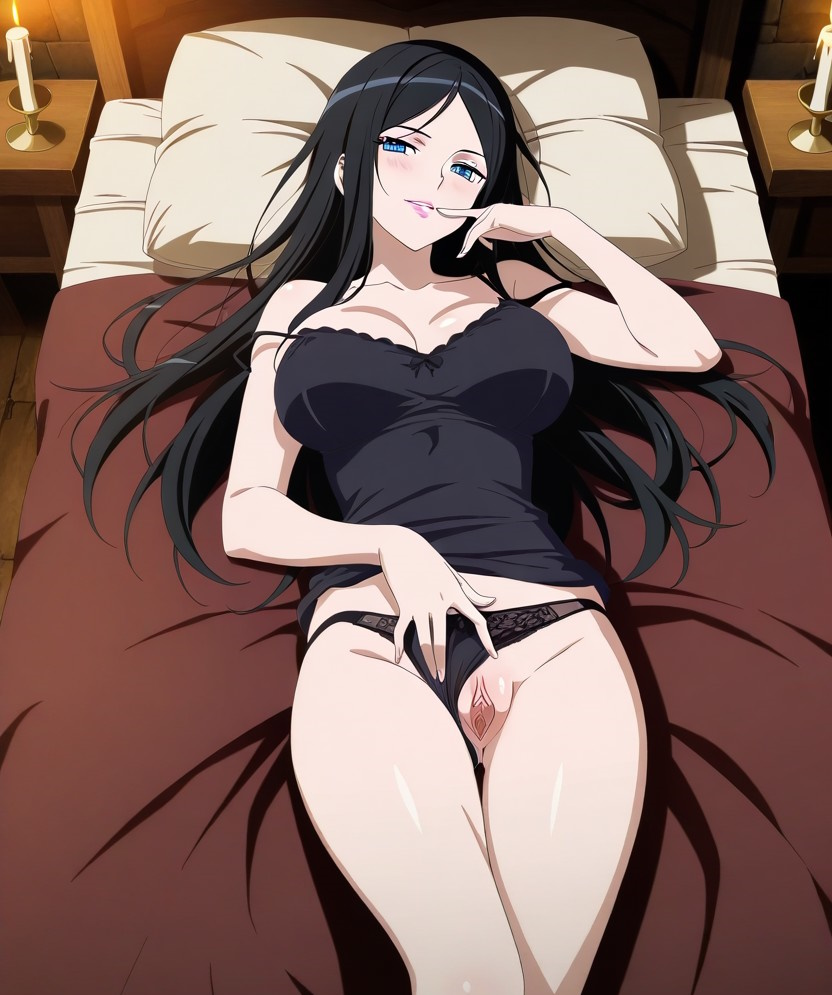 ai generated, spice and wolf, black hair, black shirt, blue eyes, breasts