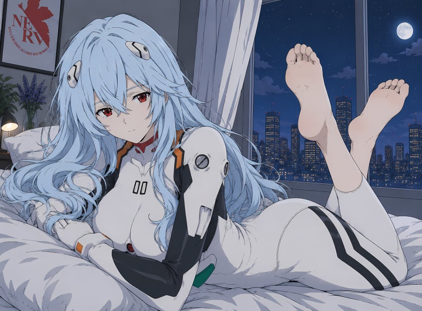 ai generated, evangelion, ayanami rei, bed, blue hair, feet