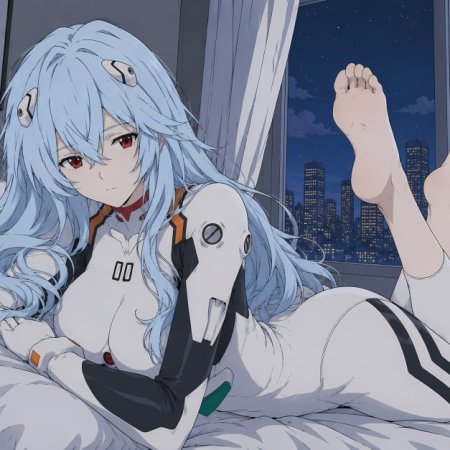 ai generated, evangelion, ayanami rei, bed, blue hair, feet