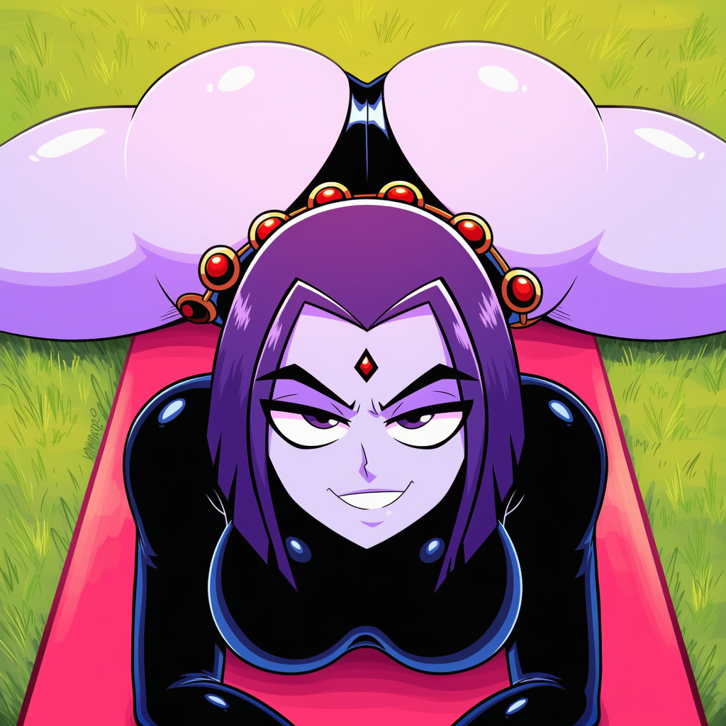 ai generated, teen titans, raven, bubble ass, smug face, purple hair