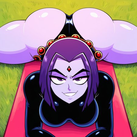 ai generated, teen titans, raven, bubble ass, smug face, purple hair