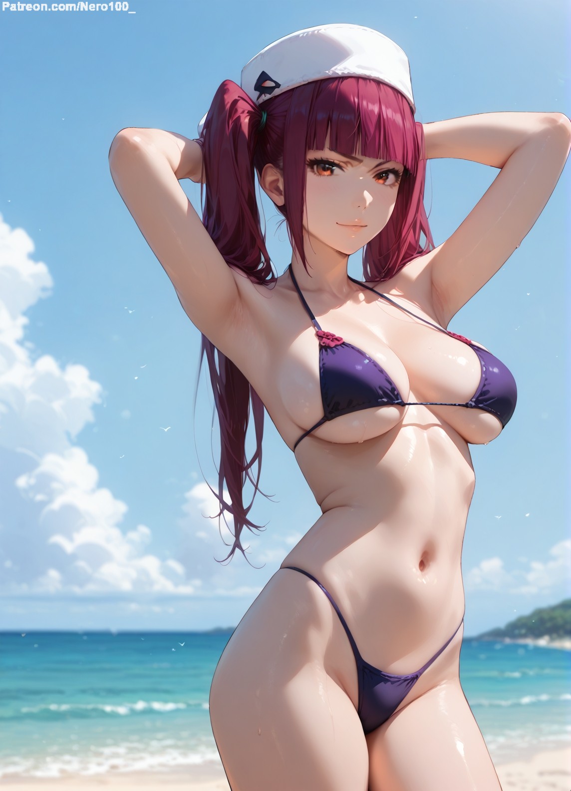 nero100, ai generated, big breasts, bikini, lipstick, pink hair