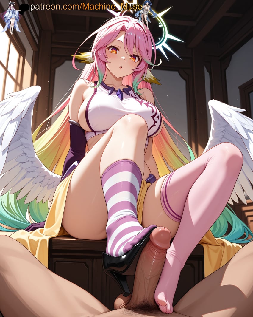 machine muse, ai generated, jibril, big breasts, cock, footjob