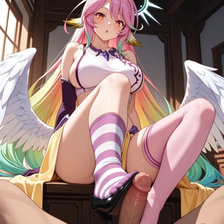 machine muse, ai generated, jibril, big breasts, cock, footjob