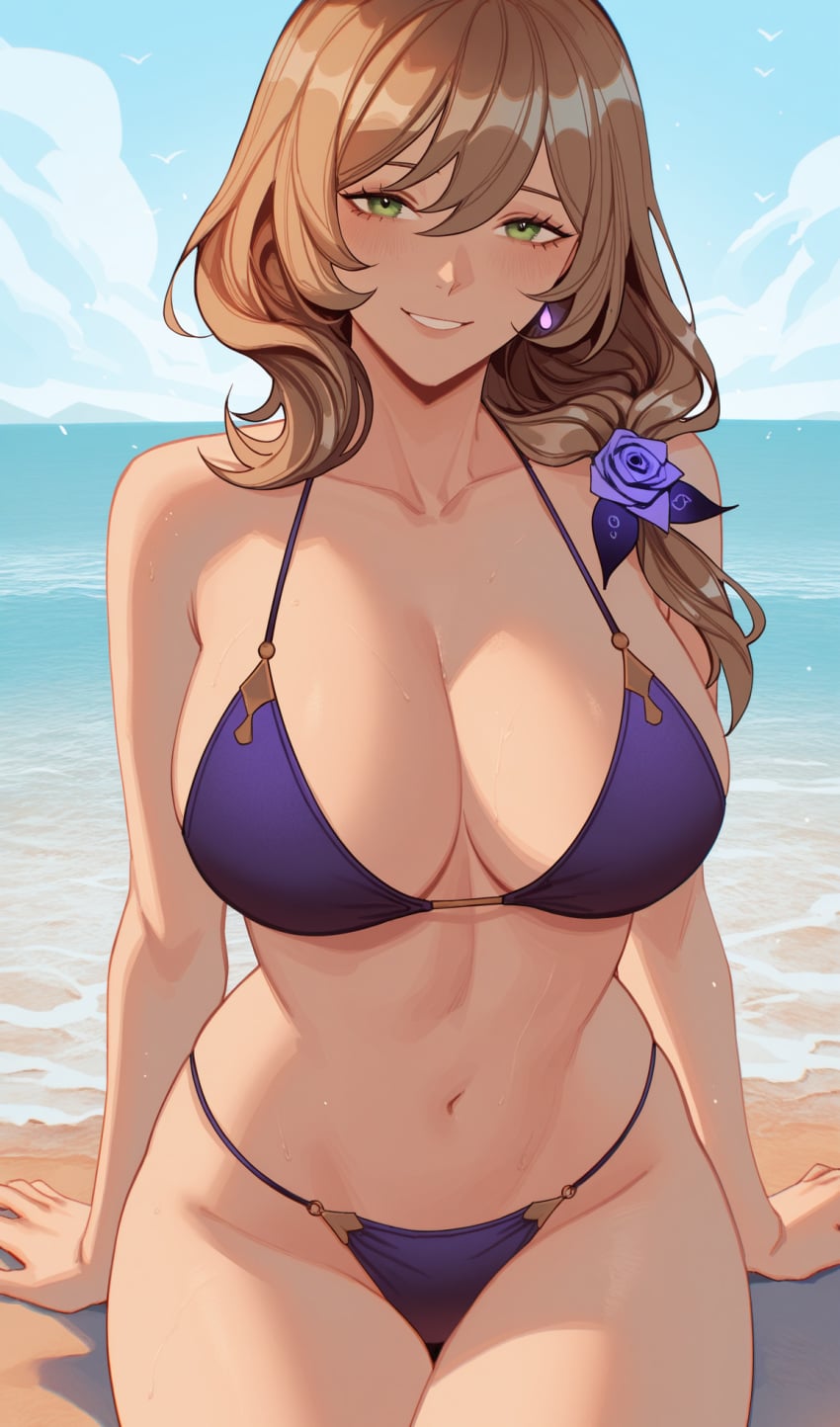 ai generated, genshin impact, lisa, 1girls, beach, big breasts