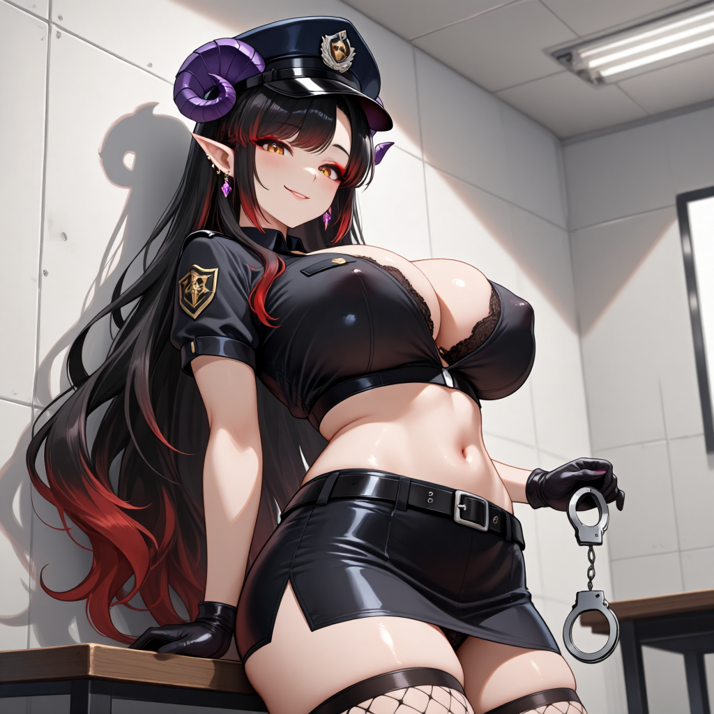 ai generated, cerise goetis, blush, breasts, police uniform, handcuffs