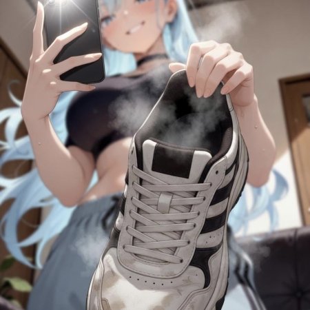 ai generated, 1girls, blue hair, midriff, shoes, smell