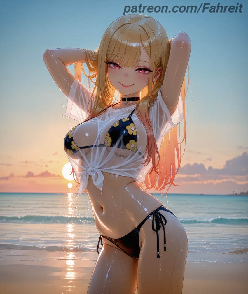 ai generated, kitagawa marin, beach, bikini, large breasts, lips