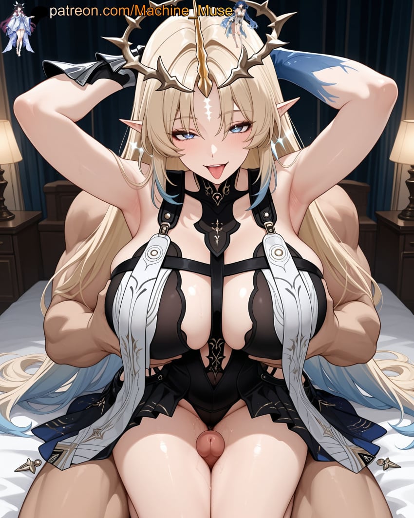 machine muse, ai generated, kuro games, fleurdelys, bare shoulders, big breasts