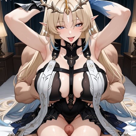 machine muse, ai generated, kuro games, fleurdelys, bare shoulders, big breasts