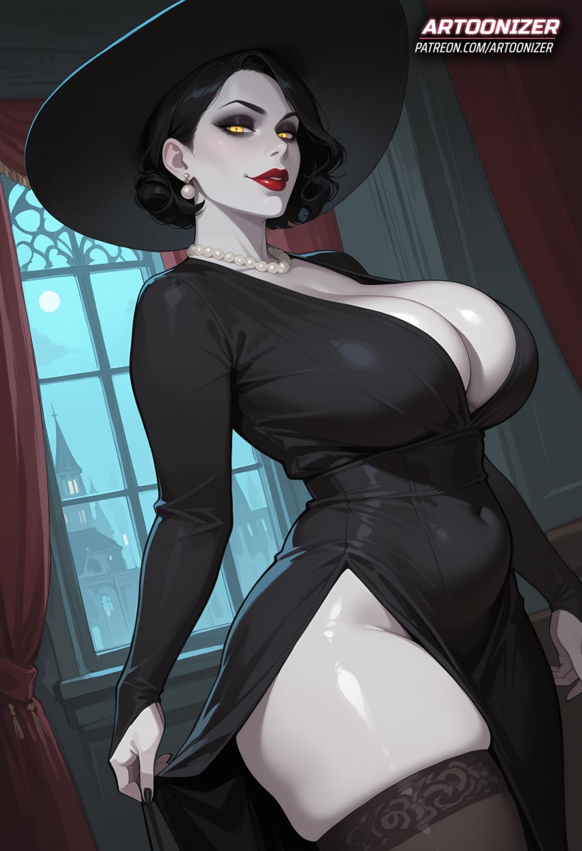 Artoonizer, ai generated, alcina dimitrescu, big ass, big breasts, black dress