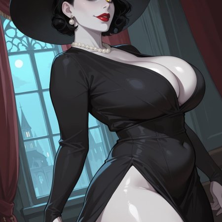 Artoonizer, ai generated, alcina dimitrescu, big ass, big breasts, black dress