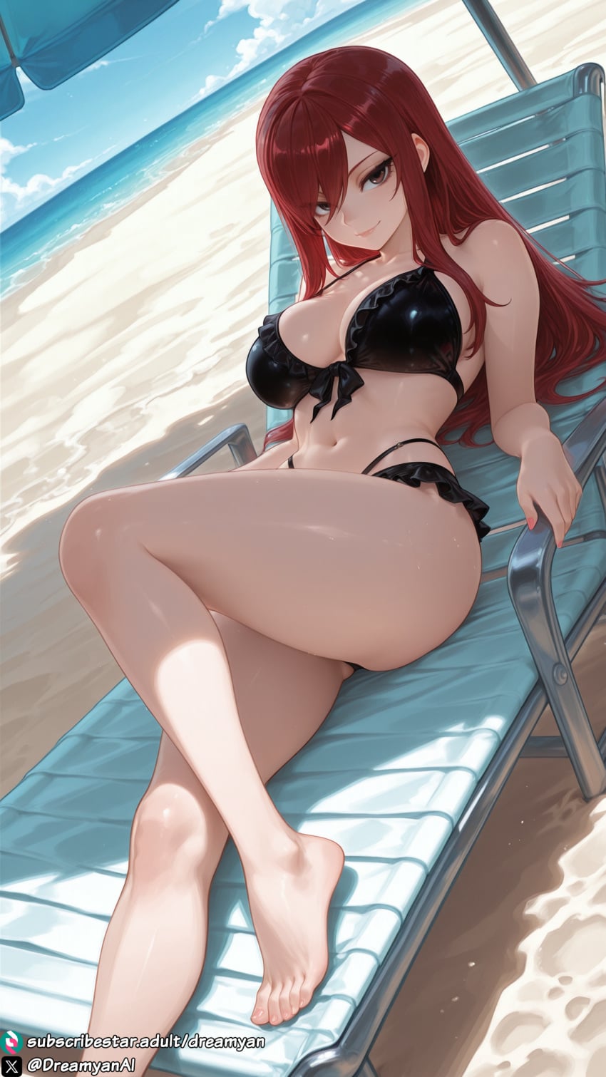 dreamyan ai, ai generated, fairy tail, erza scarlet, beach, bikini
