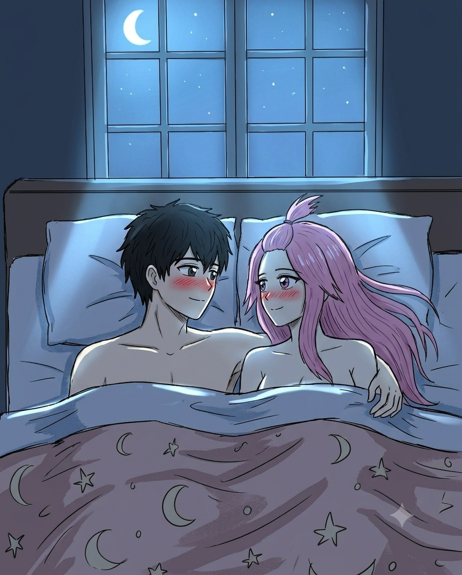 ai generated, kuroki, bedroom, blush lines, lying, moon