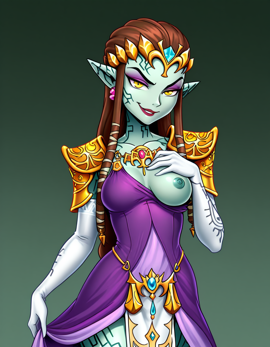 ai generated, nintendo, the legend of zelda, princess zelda, breasts, green skina