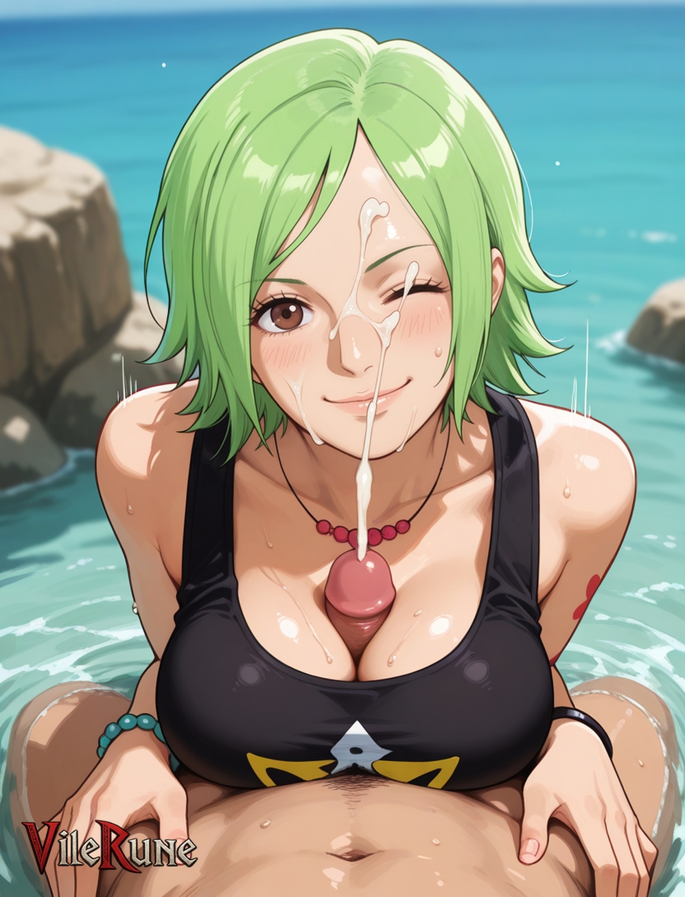 Vilerune, ai generated, one piece, camie, blush, cum on face