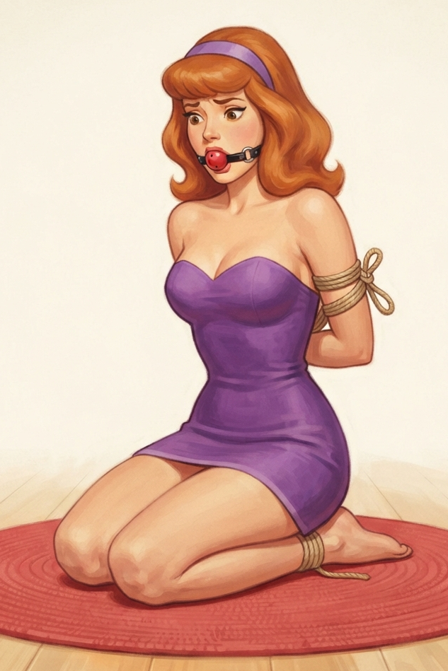 ai generated, scooby-doo, daphne blake, ankles tied, arms behind back
