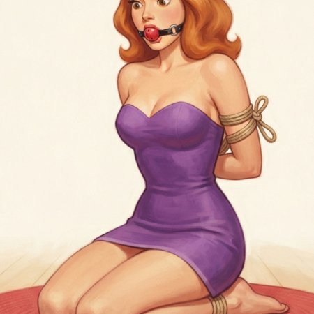 ai generated, scooby-doo, daphne blake, ankles tied, arms behind back