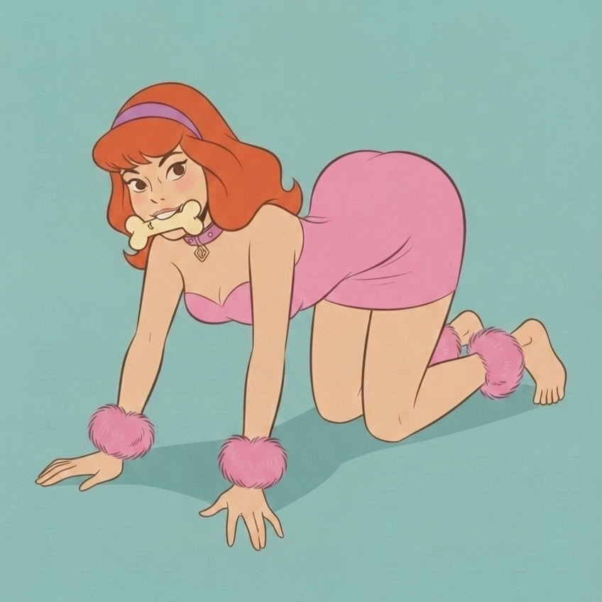 ai generated, scooby-doo, daphne blake, ankle cuffs, bone, bone in mouth