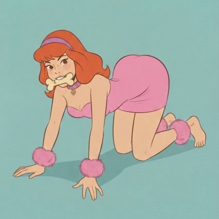 ai generated, scooby-doo, daphne blake, ankle cuffs, bone, bone in mouth
