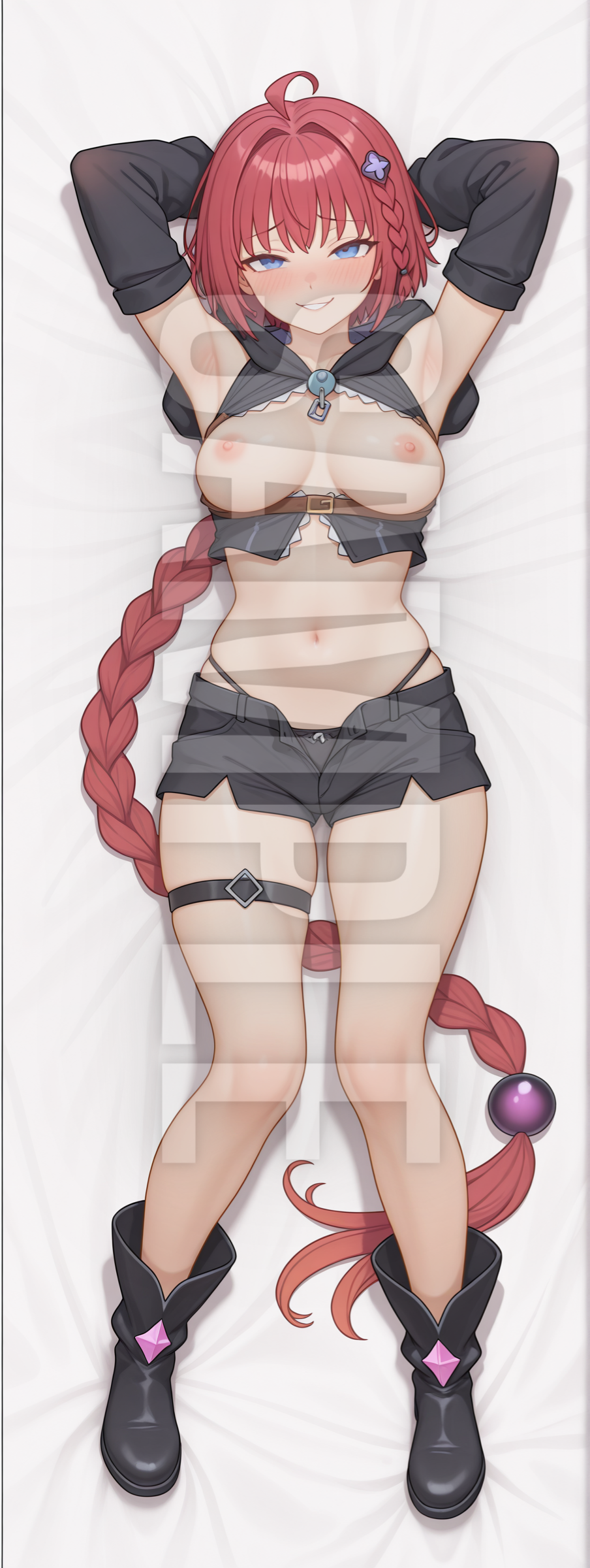 Sleeplessnighty, ai generated, kurosaki mea, arms up, blue eyes, breasts