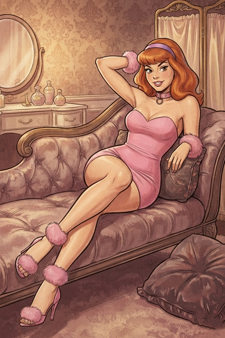 ai generated, scooby-doo, daphne blake, cushion, looking at viewer, minidress