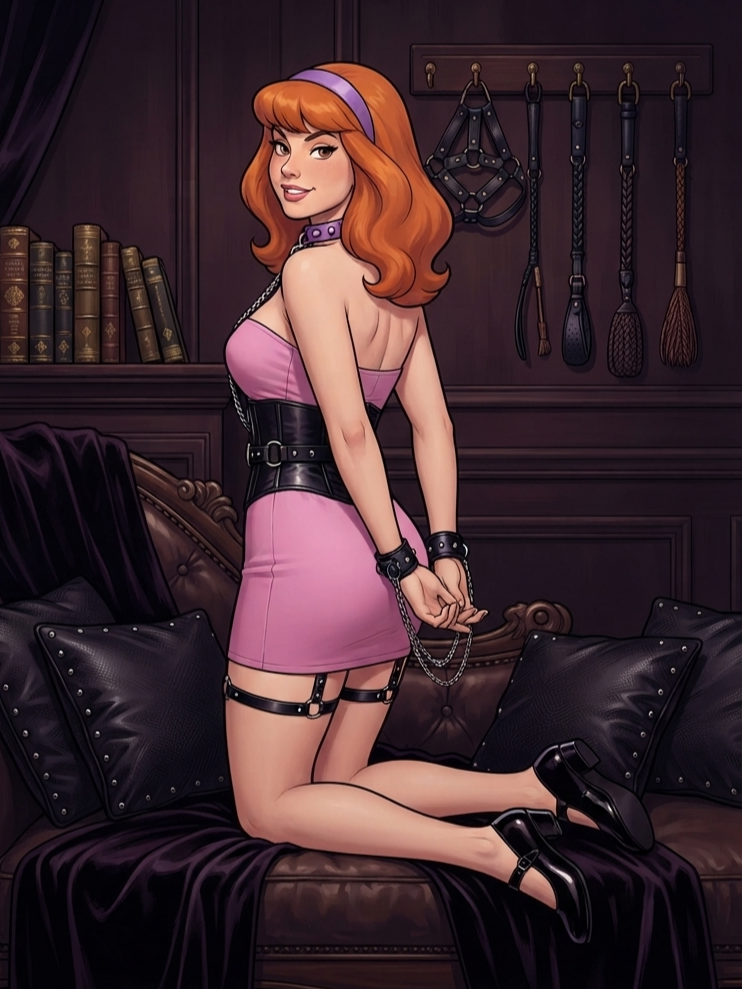 ai generated, scooby-doo, daphne blake, bondage, collar, looking at viewer