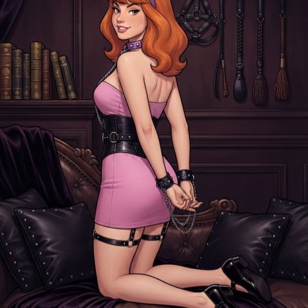 ai generated, scooby-doo, daphne blake, bondage, collar, looking at viewer