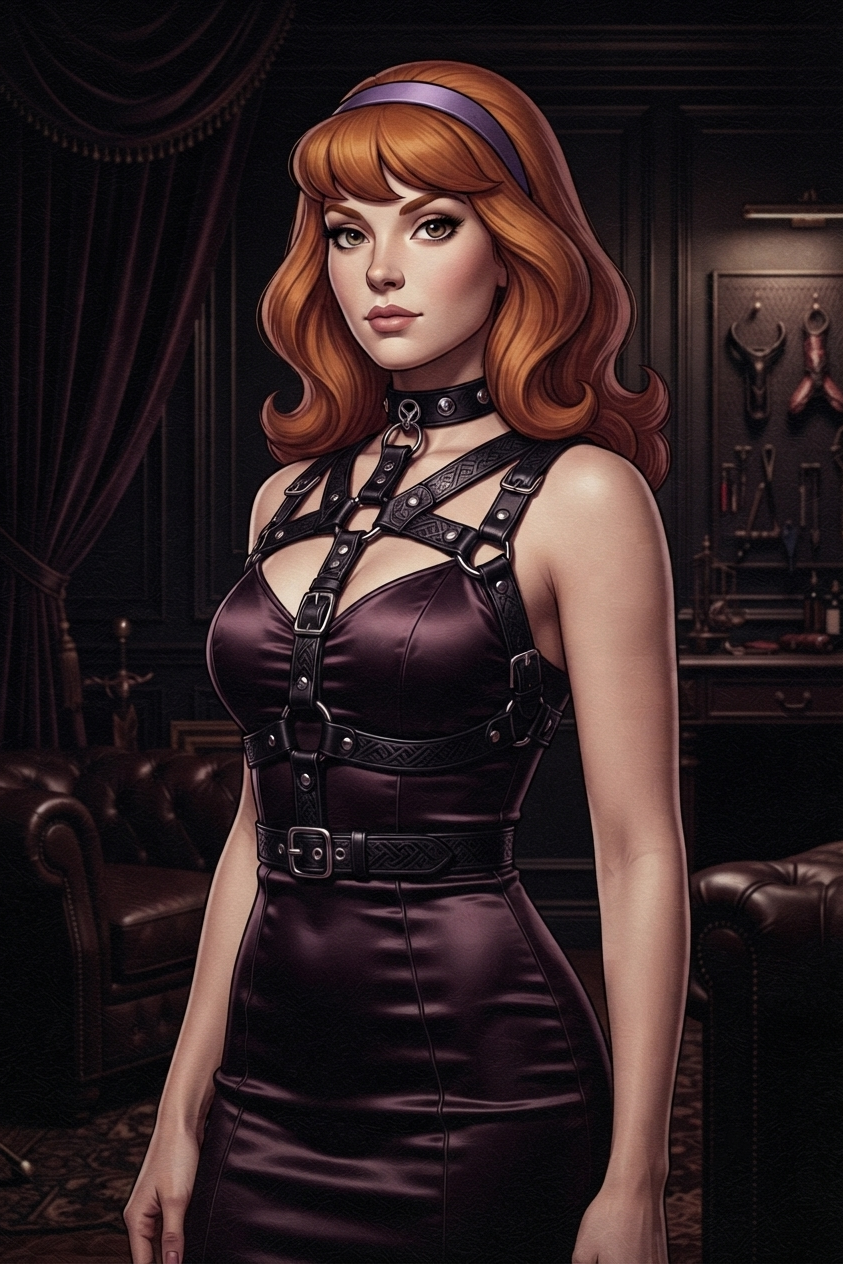 ai generated, scooby-doo, daphne blake, bdsm, bdsm harness, bdsm room