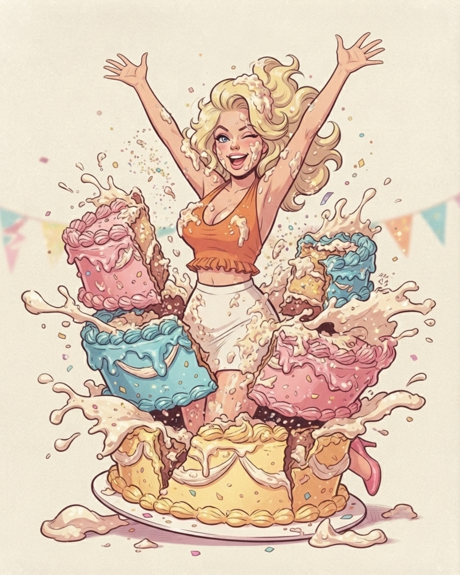 ai generated, 1girls, big breasts, blonde, busty, cake