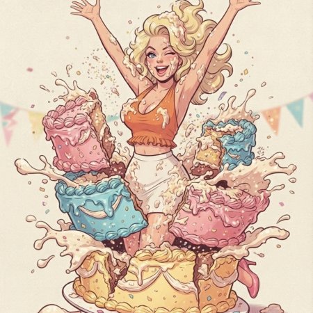 ai generated, 1girls, big breasts, blonde, busty, cake