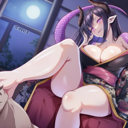 ai assisted, ai generated, bedroom, black hair, dragon girl, monster girl
