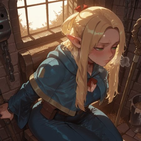 deurahh, ai generated, delicious in dungeon, marcille donato, blush, cumdump