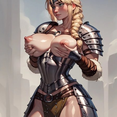 ai generated, how to train your dragon, astrid hofferson, armor, boobs, exposed nipple