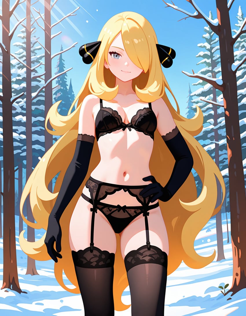 ai generated, nintendo, pokemon, cynthia, black bra, panties