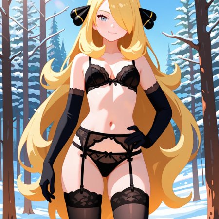 ai generated, nintendo, pokemon, cynthia, black bra, panties