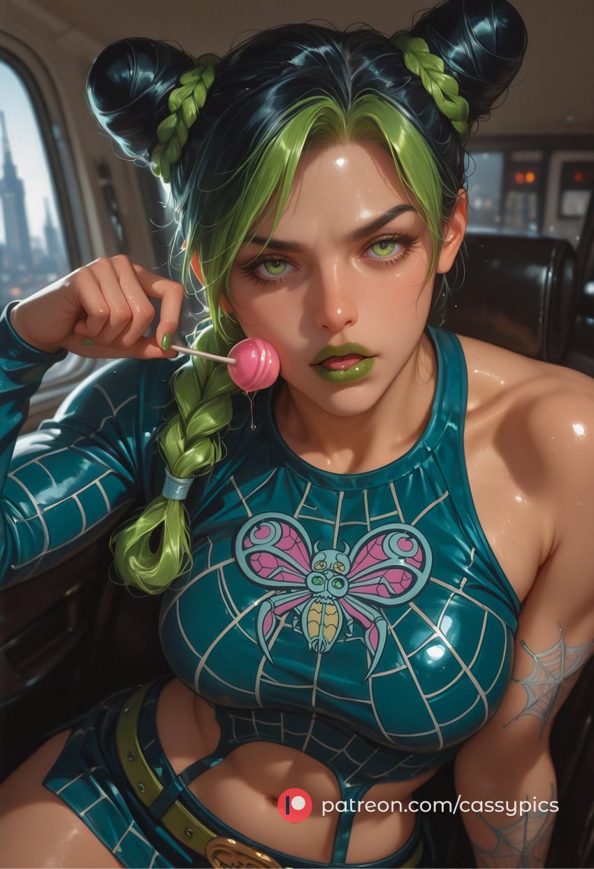 cassypics, ai generated, jolyne kujo, curvy, big breasts, navel