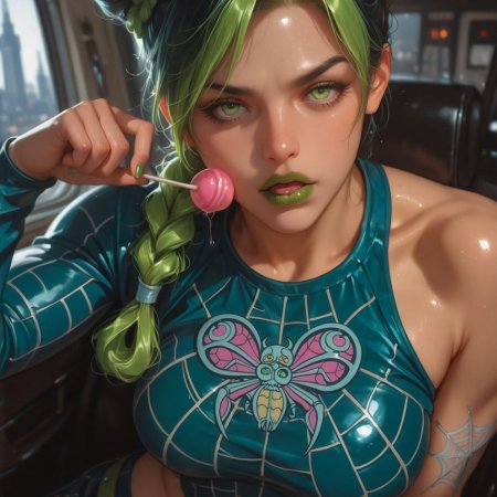 cassypics, ai generated, jolyne kujo, curvy, big breasts, navel