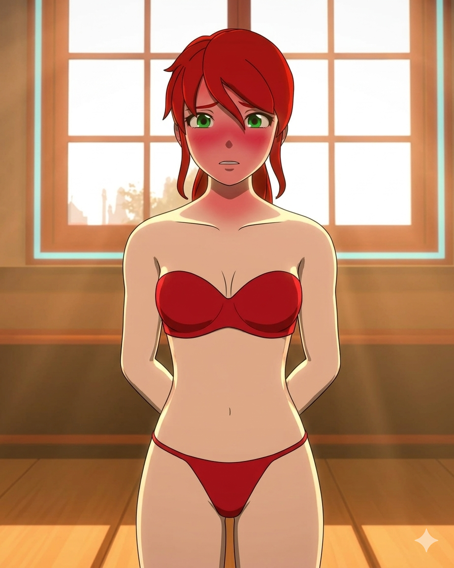 ai generated, rwby, pyrrha nikos, arms behind back, blush, panties